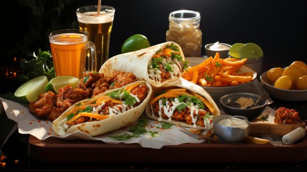 Comida mexicana con tacos burritos nachos hamburguesas y más plano plano cercano