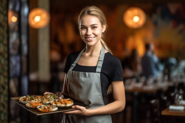 Comida mujer restaurante sosteniendo retrato de pie bonito trabajo en el interior sonrisa de camarero IA generativa