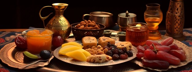 Comida musulmana y dulces en la mesa de ramadán IA generativa