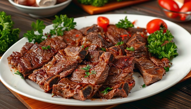 La comida musulmana de Eid al Adha es carne de carnero, oveja y res asada, carne turca servida en un plato blanco.