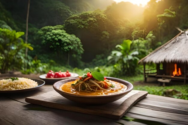 Comida na mesa com vista para a selva