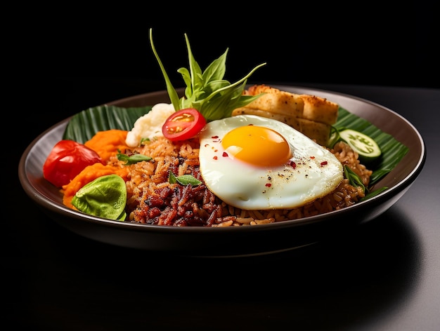 Comida Nasi Goreng en un plato negro