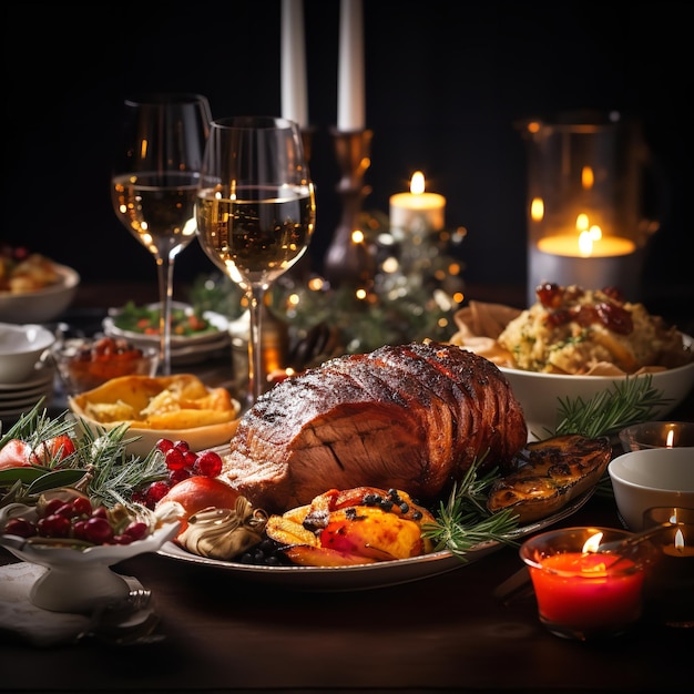 Foto comida de navidad servida en la mesa con decoración ai generativo