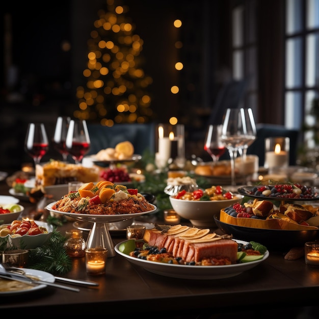 Comida de Navidad servida en la mesa con decoración Navidad decoración de Año Nuevo con árbol de Navidad