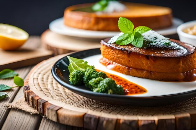 Comida num prato com uma folha verde