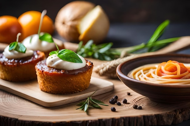 comida numa mesa de madeira com um prato de comida que diz " comida ".