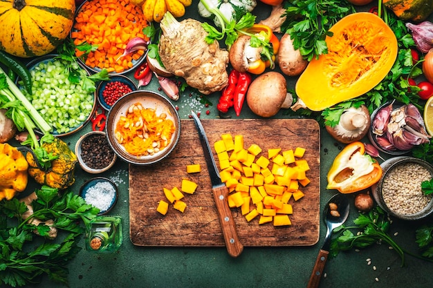 Comida de otoño Calabaza en rodajas verduras champiñones tubérculos especias tabla de cortar de madera ingrediente