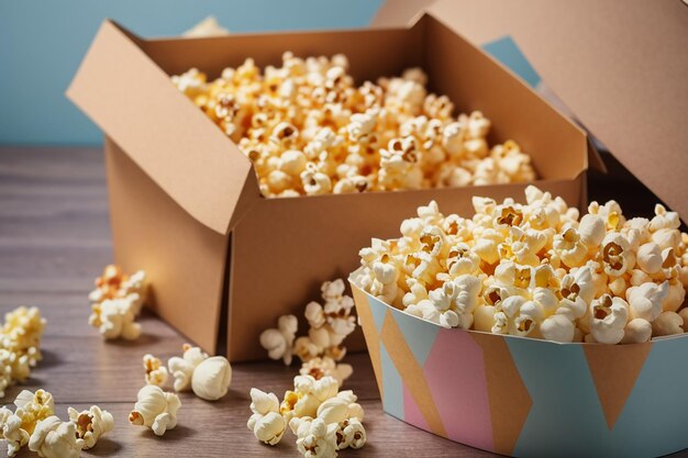 Foto comida de palomitas de maíz en caja en el fondo