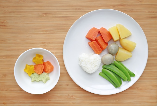 Comida para bebé cozida (cenoura, ovo, batata, arroz e ervilha) com puré de papa congelado