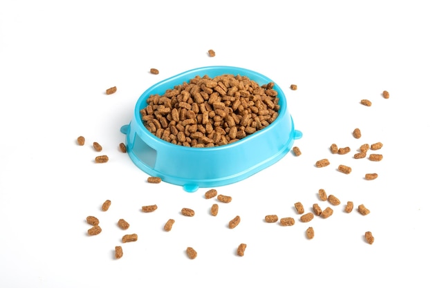 Comida para cães e gatos em uma tigela azul sobre um fundo branco.