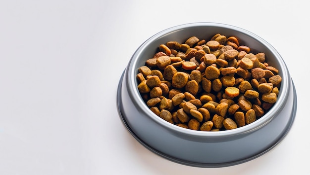 Foto comida para cães em uma tigela isolada em um espaço de cópia de fundo branco