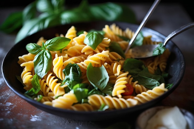 Comida de pasta vegana en una sartén recién hecha