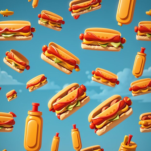 Comida de perrito caliente volando con mostaza derretida ilustración de icono vectorial de dibujos animados objeto de comida aislado plano