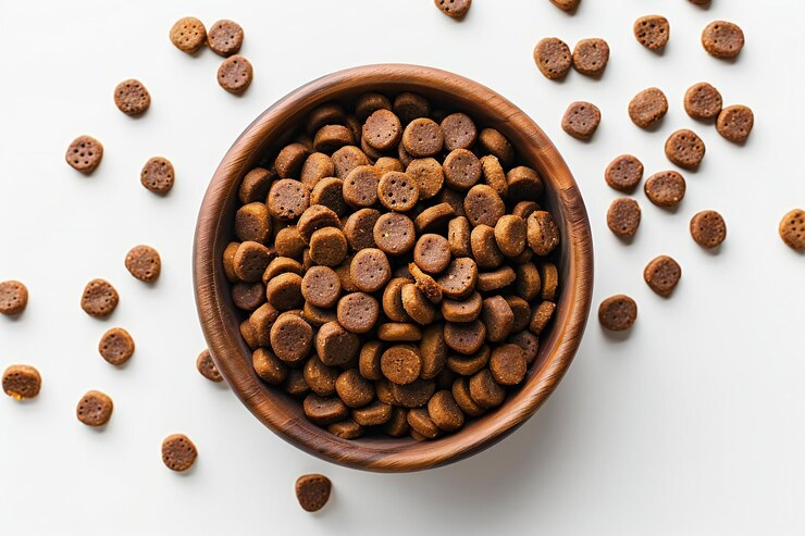 Comida para perros en cuenco aislada sobre fondo blanco vista superior de primer plano disparo k ultra realismo de alta resolución