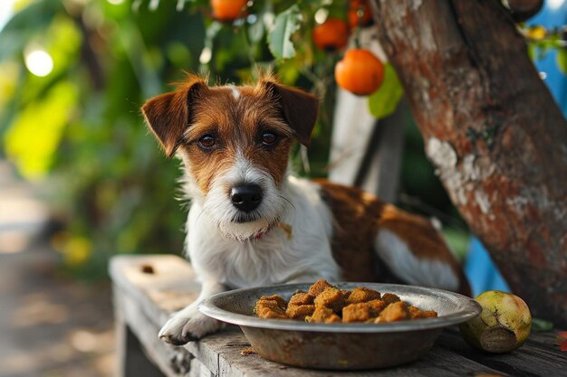 Comida para perros en un recipiente de plata sobre un fondo