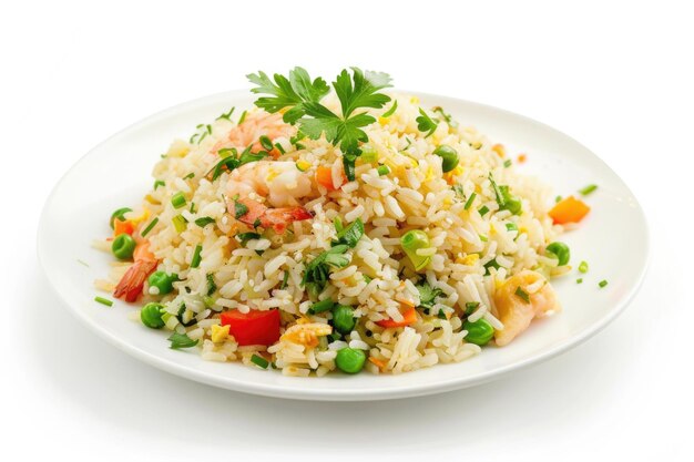 Foto comida peruana arroz chaufa arroz frito con wantan sobre un fondo blanco