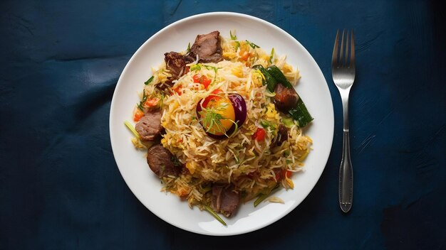 Foto comida peruana arroz chaufa plato de arroz frito con verduras y diferentes carnes