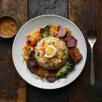 Foto comida peruana arroz chaufa plato de arroz frito con verduras y diferentes carnes