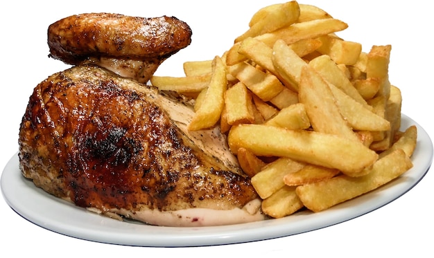 Foto comida peruana pollo a la brasa, batata frita e frango assado