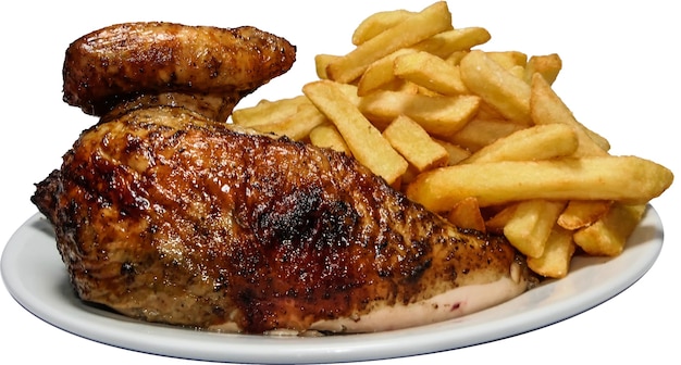 Comida peruana Pollo a la Brasa, batata frita e frango assado