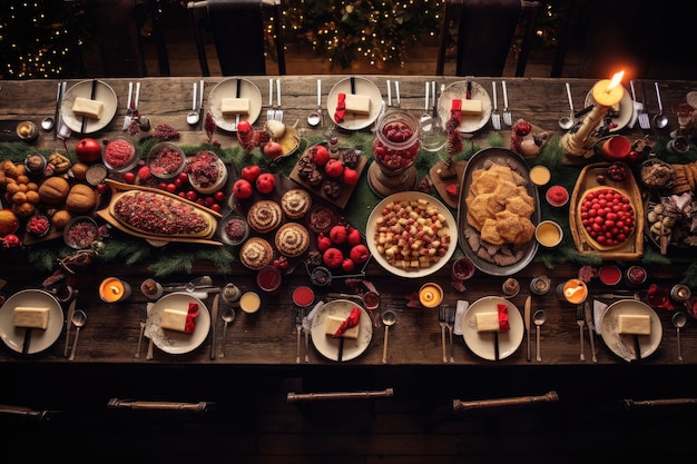 Foto comida y postre para invitación a la fiesta de acción de gracias celebración de la fiesta de navidad con cena