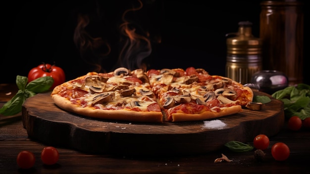Foto comida de primera calidad deliciosa pizza en una bandeja de madera
