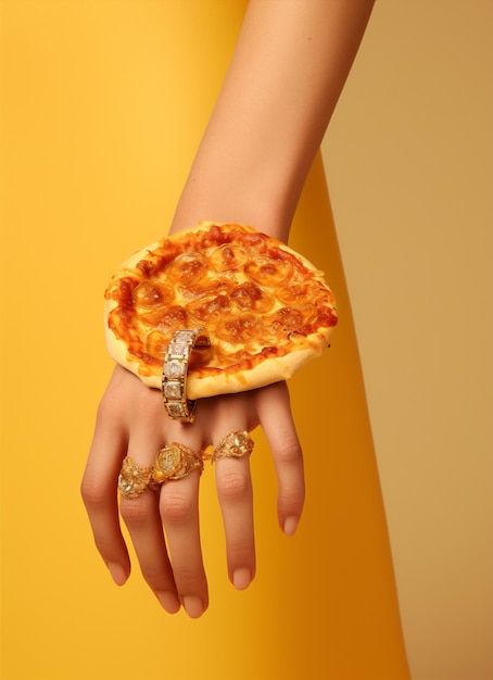 Comida queso mano pizza comida top amarillo deliciosa rebanada hambrienta hogar italiano