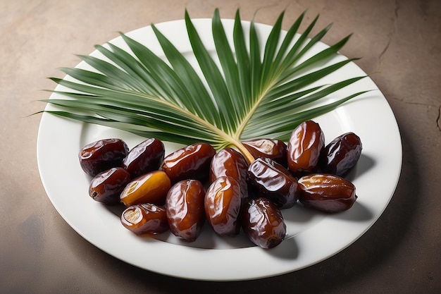 comida de Ramadán dátiles árabes y palmeras en un plato