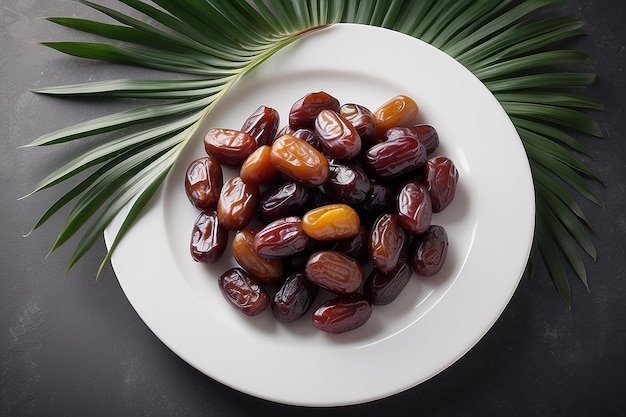 comida de Ramadán dátiles árabes y palmeras en un plato