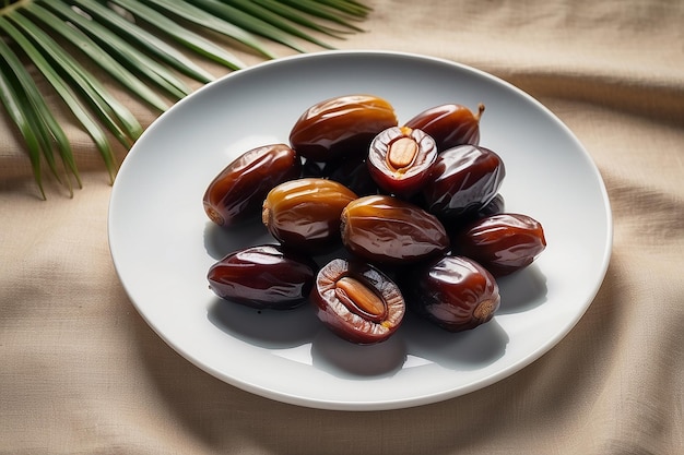 comida de Ramadán dátiles árabes y palmeras en un plato