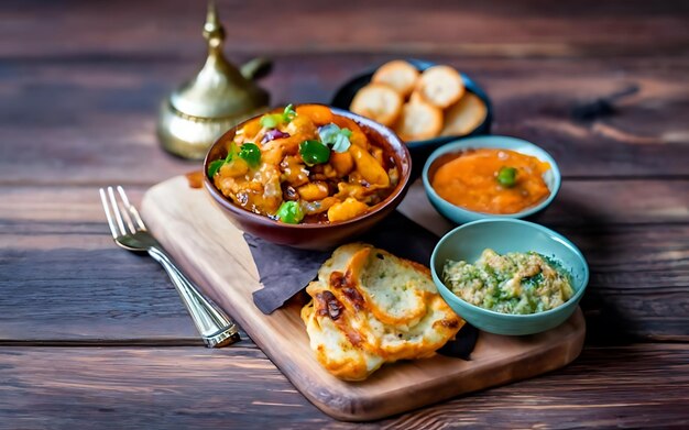 Comida de Ramadán en una mesa de madera oscura