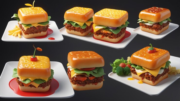 Comida rápida 3D comida de hamburguesa 3D realista en el plato