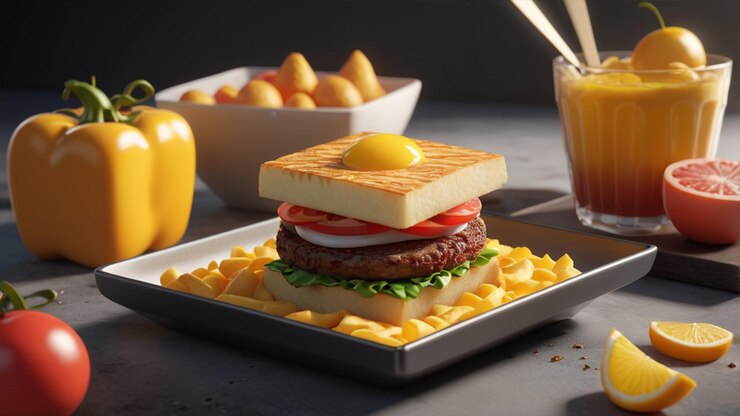Comida rápida 3D comida de hamburguesa 3D realista en el plato
