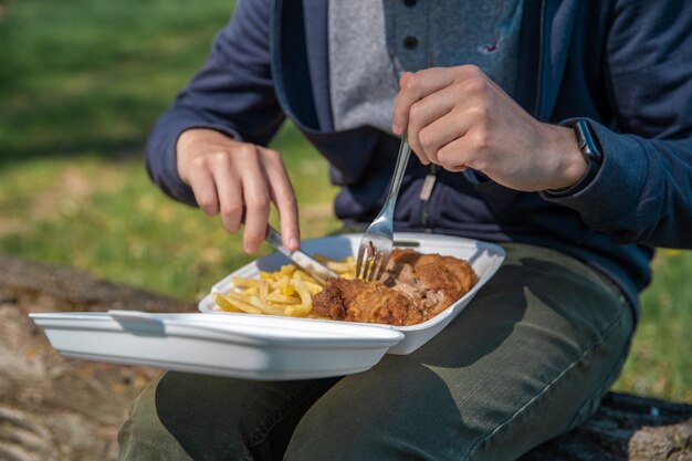 Comida rápida en caja, almuerzo en la naturaleza.