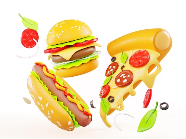 Comida rápida fondo 3d con rodaja de pizza de hamburguesa y hot dogs iconos de renderización Comidas de restaurante de comida rápida bocadillos con ingredientes voladores Concepto de entrega de banner publicitario de dibujos animados