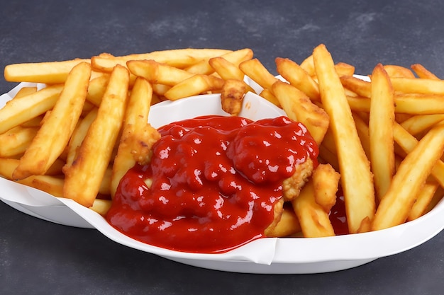 Comida rápida frita de pollo crujiente y patatas fritas con ketchup
