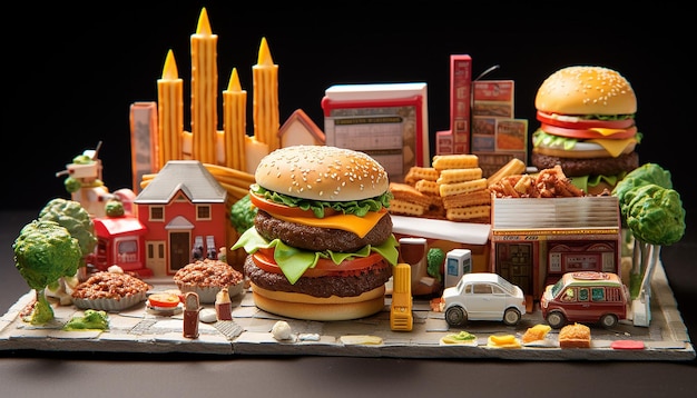Foto comida rápida en miniatura en 3d