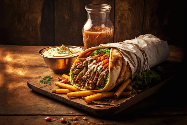 Comida rápida en el restaurante shawarma con carne y verduras con papas fritas y bebida para el almuerzo