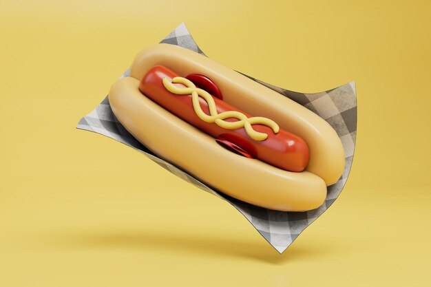 Foto comida rápida snack concepto gran foto perro sobre un fondo amarillo 3d render