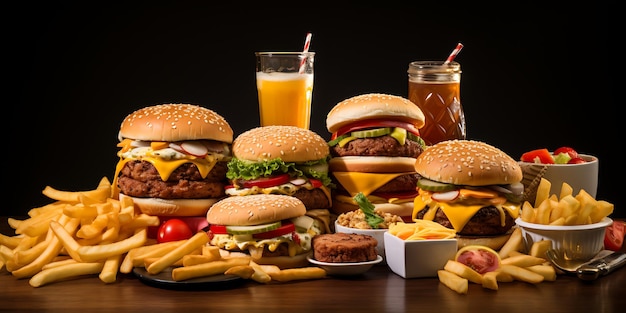 Comida rápida Variedad de sabrosas hamburguesas con papas fritas y cola en una mesa de madera