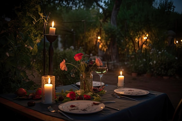 Comida romántica al aire libre para dos a la luz de las velas y música creada con inteligencia artificial generativa