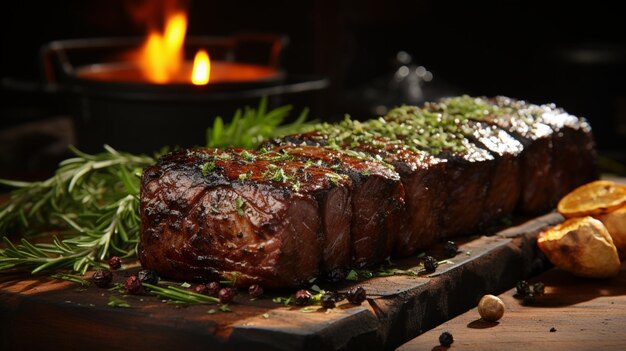 Comida rústica de carne a la parrilla en una mesa de madera con ingredientes frescos