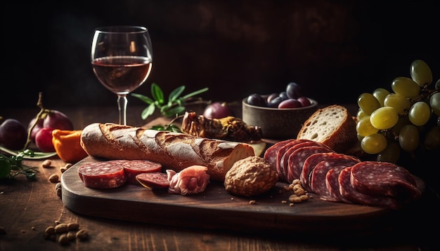 Comida rústica de pan de carne ahumada y vino generada por IA