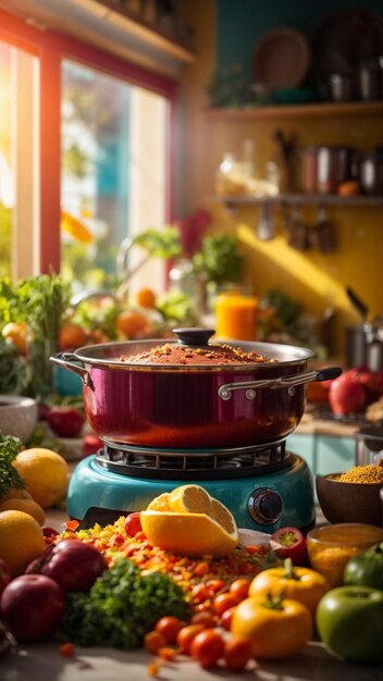 Foto comida saludable cocinada en la cocina con fondo de colores brillantes y vibrantes.