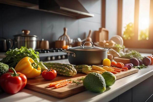 Comida saludable cocinada en la cocina Con fondo de colores brillantes y vibrantes.