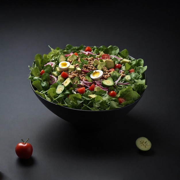 Foto comida saludable de ensalada en un cuenco negro en el centro de un fondo negro