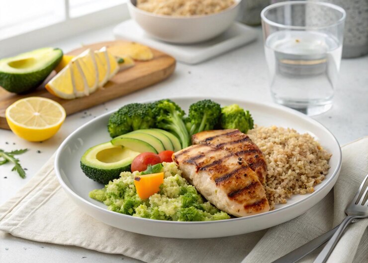 Comida saludable y equilibrada para perder peso perfectamente enfocada y detallada