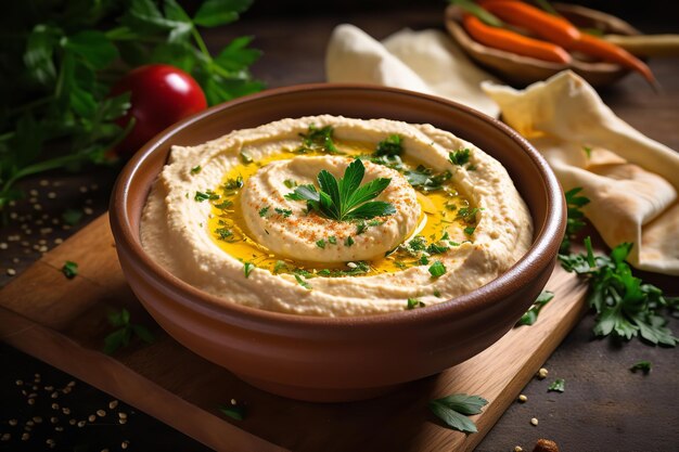 Comida saludable de hummus cremoso