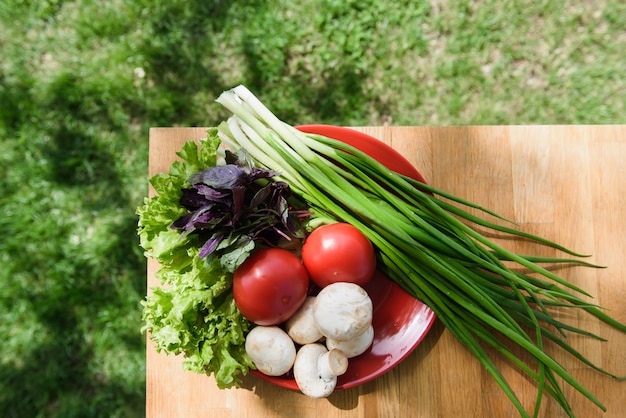 Comida sana verduras frescas en placa en la mesa