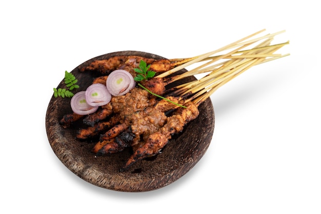 Comida satay aislado sobre fondo blanco.